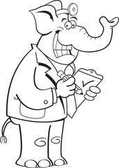 Black and white illustration of an elephant dressed as a doctor.