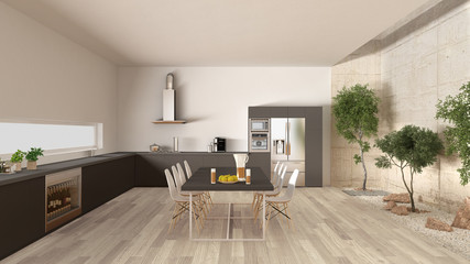 Obraz na płótnie Canvas White and gray kitchen with inner garden, minimal interior desig