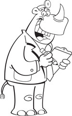 Black and white illustration of a rhino dressed as a doctor.