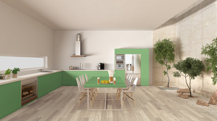 White and green kitchen with inner garden, minimal interior desi