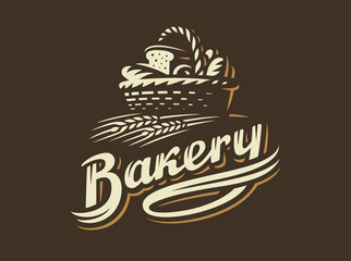 Bread basket logo - vector illustration. Bakery emblem design on dark background