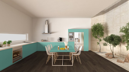 White and turquoise kitchen with inner garden, minimal interior