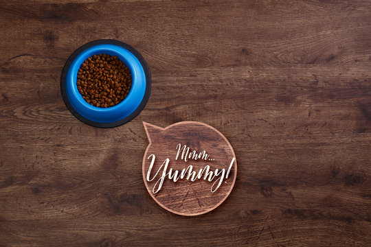 Bowl of dry kibble dog food. Mmm yummy speech bubble. Healthy pets feed. Blue plate on wooden rustic background.