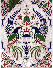 Fototapeta premium Detail of the traditional tiles from facade of old house. Decorative tiles.Spain traditional tiles. Floral ornament. Majolica, Watercolor. Valencia.