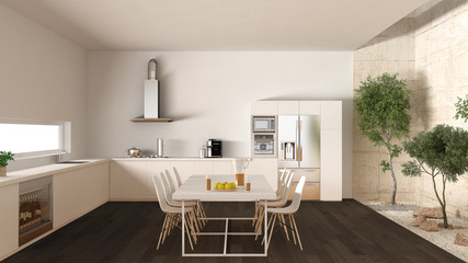 White kitchen with inner garden, minimal interior design