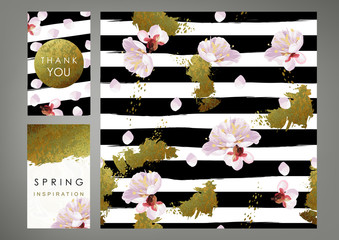 International Women's Day cards and spring inspirated pattern. Shabby gold, black and white stripes, blossom plum and marble texture. The eighth of March decoration concept. - 136966544