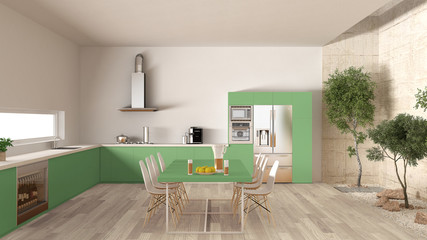 White and green kitchen with inner garden, minimal interior desi