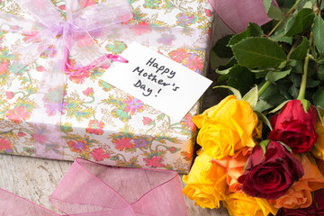 Bouquet of Roses, Present, and a "Happy Mother's Day" Card