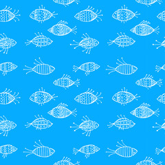 Голубой паттерн с дудловыми рыбками