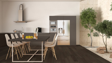 White and gray kitchen with inner garden, minimal interior desig