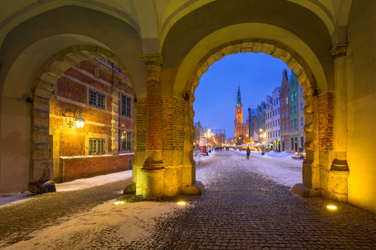 Long lane in the old town of Gdansk in snowy winter, Poland