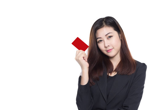 Young business woman holding red card in hand isolated on white background, Asian girl