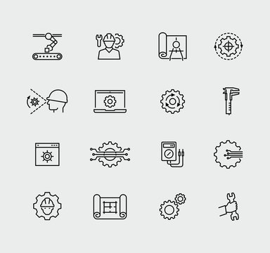 Engineering and manufacturing vector line icon set