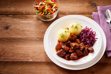 Traditional German goulash and dumplings