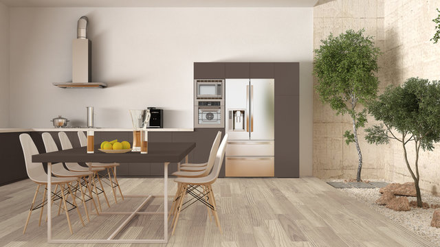 White and brown kitchen with inner garden, minimal interior desi