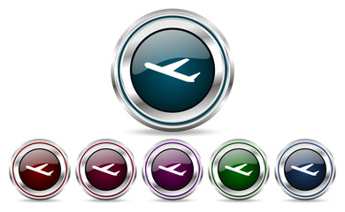 Deparures silver metallic web and mobile phone set of vector icons isolated on white background in eps 10.