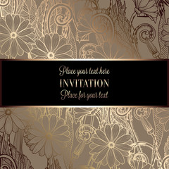 Abstract background with flowers, luxury black and gold vintage tracery made of daisy flowers, damask floral wallpaper ornaments, invitation card, baroque style booklet, fashion pattern