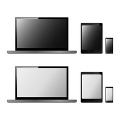 Set of realistic electronic technology devices with empty black and white screen. Laptop, tablet, mobile phone, smartphone modern digital gadgets isolated on white background, mockup template