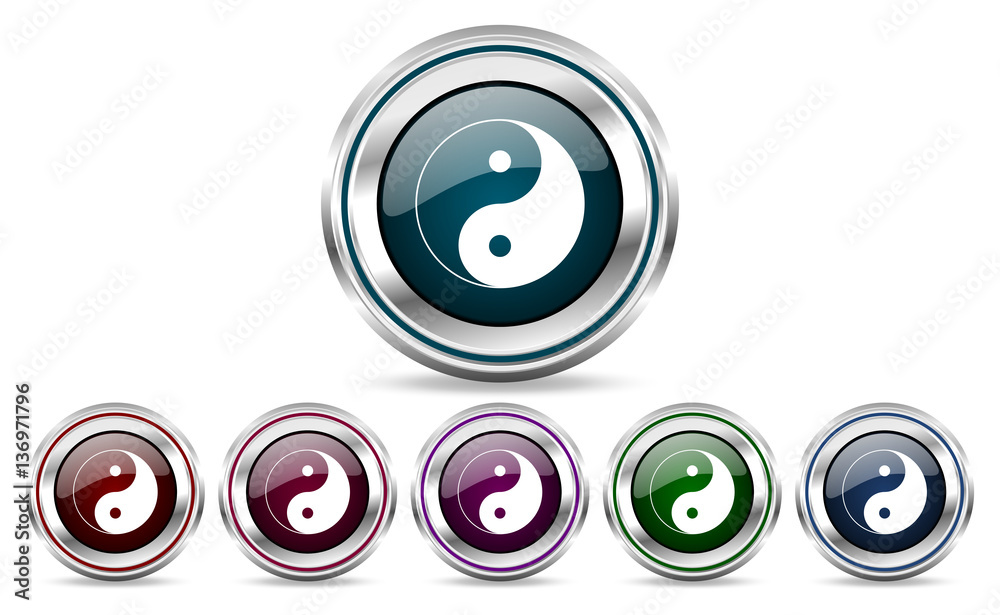 Aufkleber ying yang silver metallic web and mobile phone set of vector icons isolated on white background in e