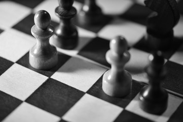 Chess on a chess board in black and white