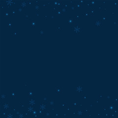 Fototapeta na wymiar Sparse glowing snow. Scattered border on deep blue background. Vector illustration.