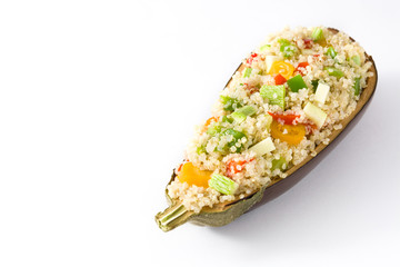Stuffed eggplant with quinoa and vegetables, isolated on white background
