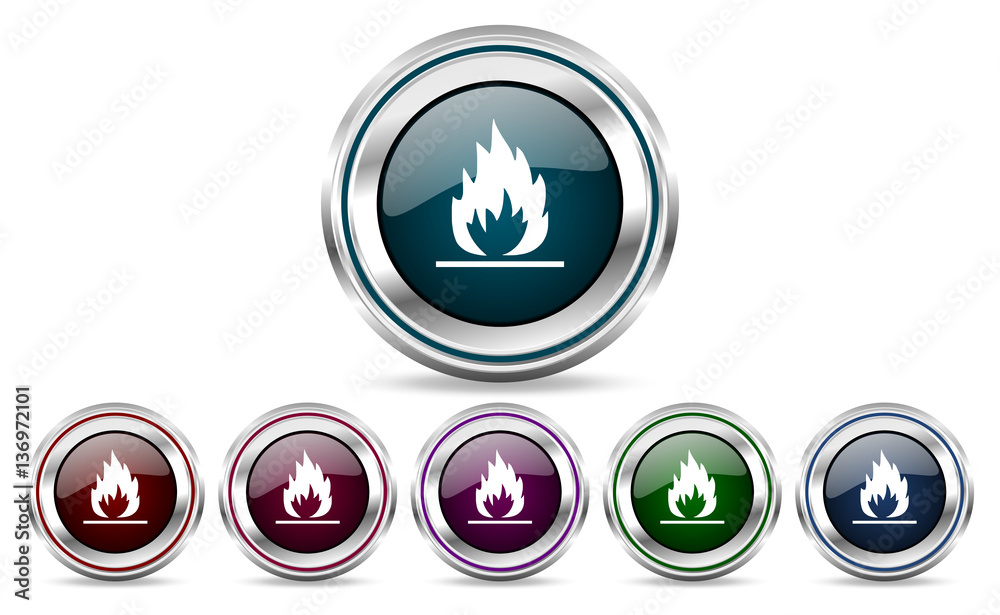 Poster flame silver metallic web and mobile phone set of vector icons isolated on white background in eps 1