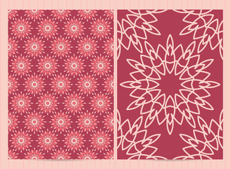 A4 format cards decorated with mandala in pink colors. Vector template in eastern, oriental style for restaurant menu, flyer, greeting card, brochure, book cover and any other decoration.