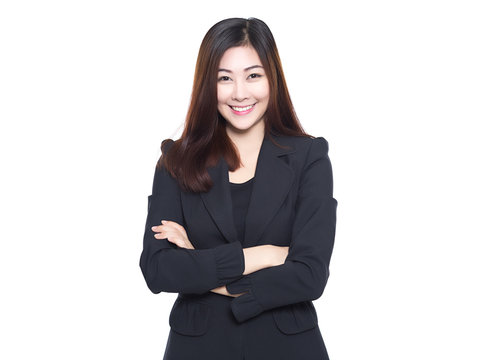 Business woman with smiling face isolated on white background, young asian girl