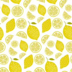 Deurstickers Citroen Fris patroon met citroenen, vol fruit en plakjes. Vitamine achtergrond, naadloze vector textuur