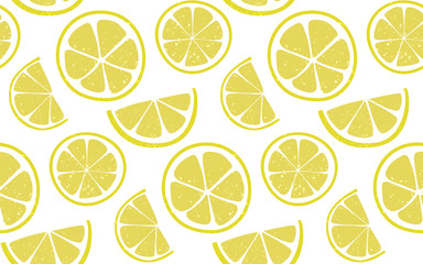 Lemon pattern with round and half slices at white background. Fresh summer seamless background.
