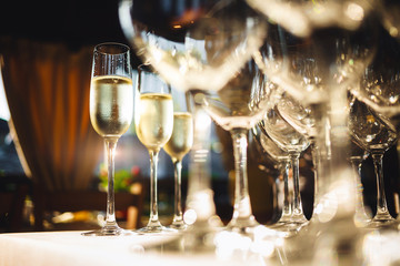 Glasses with champagne on the party table