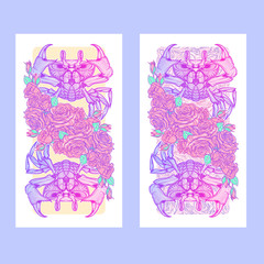 Zodiac sign - Cancer. Accurate symmetrical drawing of the beach crab with a frame of roses. Concept art for tattoo, horoscope. Coloring book illustration. Vertical banners