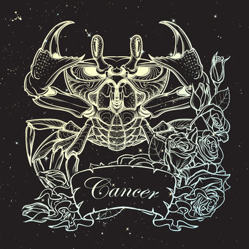 Zodiac sign - Cancer. Accurate symmetrical drawing of the beach crab with a frame of roses. Concept art for tattoo, horoscope. Coloring book illustration. Linear drawing on night sky background.