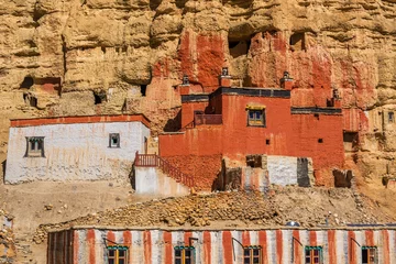 Velvet curtains Dhaulagiri Niphu monastery at the outskirts of Choser, Mustang, Nepal