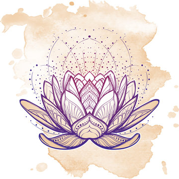 Lotus flower. Intricate stylized linear drawing isolated on grunge background. Concept art for Hindu yoga and spiritual designs. Tattoo design. EPS10 vector illustration.