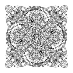Lotus flowers and snakes arranged in an Intricate rectangular pattern isolated on white background. Concept art for Hindu or yoga and spiritual designs. Tattoo design. EPS10 vector illustration.