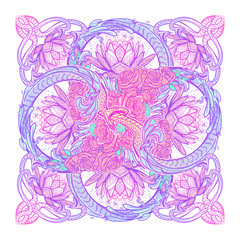 Lotus flowers and snakes arranged in an Intricate rectangular pattern isolated on white background. Concept art for Hindu or yoga and spiritual designs. Tattoo design. EPS10 vector illustration.