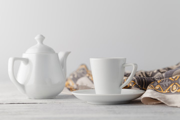 woman breakfast on table with cup of tea