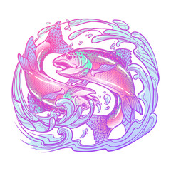 Zodiac sign - Pisces. Two fishes jumping from the water. Circle composition, decorative frame of roses. Vintage art nouveau style concept art for horoscope, tattoo or colouring book. EPS10 vector