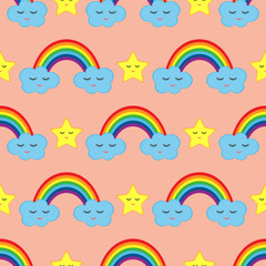 Rainbow, clouds and stars with his eyes closed. Baby seamless pattern.