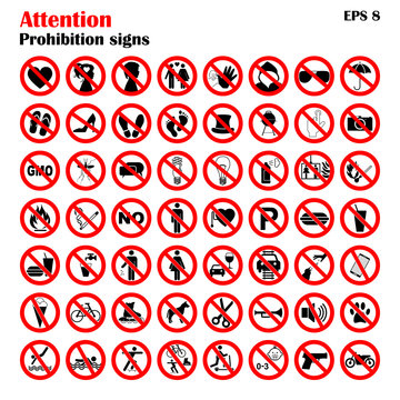 Prohibition sign icons collection, set of vector illustration isolated on white. Red forbidden circle