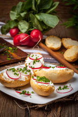 Fototapeta na wymiar Toasts with radish, chives and cottage cheese.