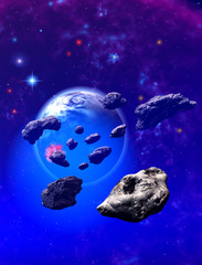 blue planet surrounded by an asteroid field, 3d illustration