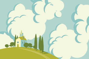 spring landscape with Village on the hill and sky with clouds © paseven