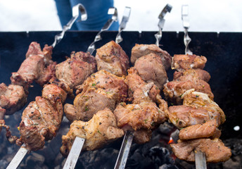 Shashlik (meaning skewered meat) was originally made of lamb. Nowadays it is also made of pork or beef depending on local preferences and religious observances. Russia, January, 2017