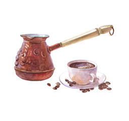 Watercolor realistic coffee ibrik with coffee cup isolated on a white background illustration.