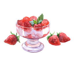 Watercolor realistic strawberry dessert isolated on a white background illustration.