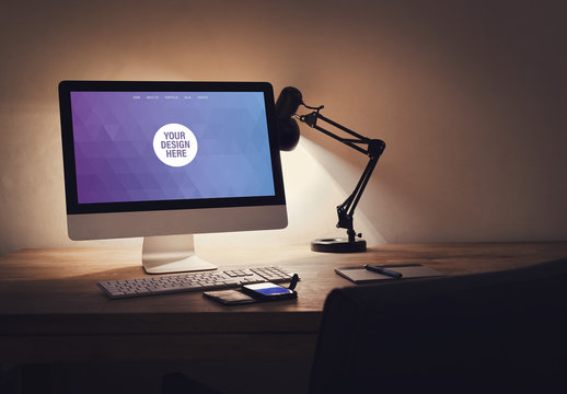 Computer on Dark Desk Mockup