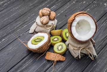 Coconut with milk,walnut and kiwi